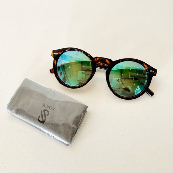 Round Black Brown Tan Tortoiseshell Plastic Blue Mirror Lens  display picture 3